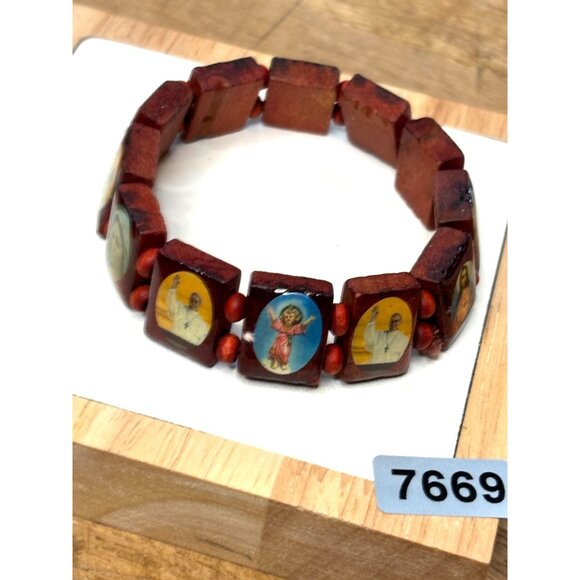 Religious Wooden Stretch Bracelet With Catholic Saint Images - Picture 2 of 8